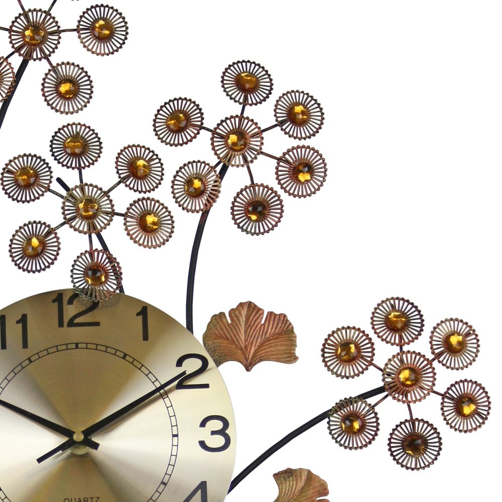 22" Copper Metal And Faux Crystal Silent Analog Gingko Floral Wall Clock HomeRoots