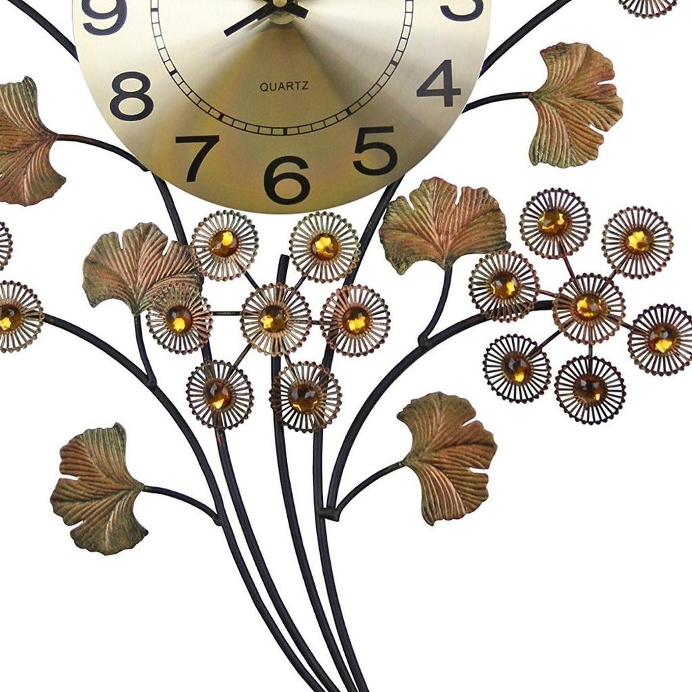 22" Copper Metal And Faux Crystal Silent Analog Gingko Floral Wall Clock HomeRoots
