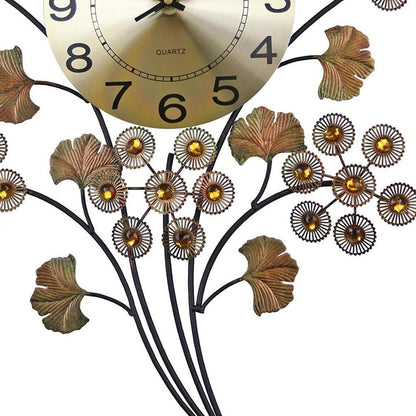 22" Copper Metal And Faux Crystal Silent Analog Gingko Floral Wall Clock HomeRoots