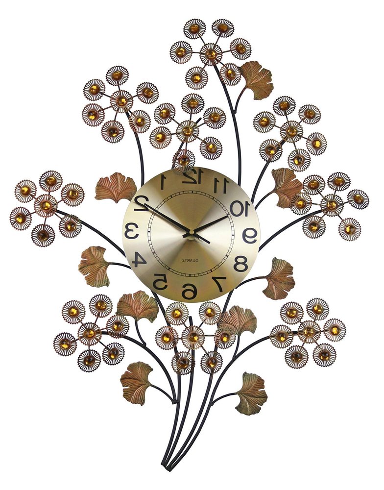 22" Copper Metal And Faux Crystal Silent Analog Gingko Floral Wall Clock HomeRoots