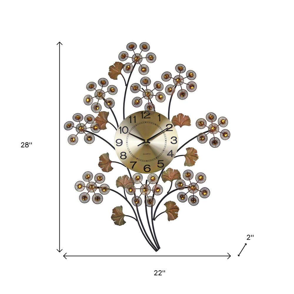 22" Copper Metal And Faux Crystal Silent Analog Gingko Floral Wall Clock HomeRoots