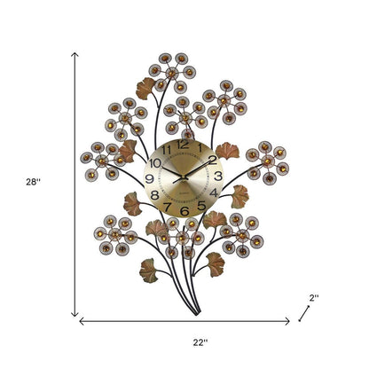 22" Copper Metal And Faux Crystal Silent Analog Gingko Floral Wall Clock HomeRoots