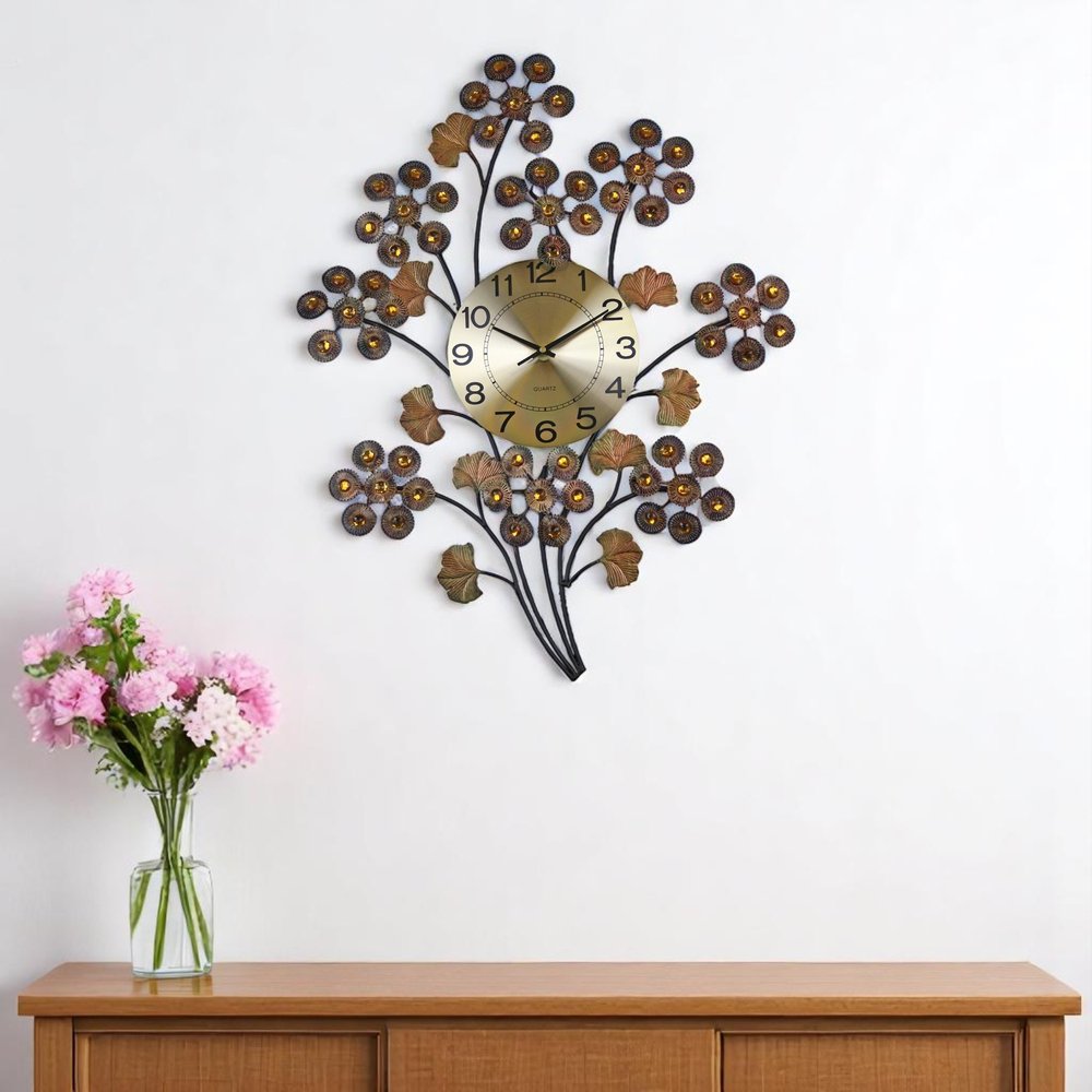 22" Copper Metal And Faux Crystal Silent Analog Gingko Floral Wall Clock HomeRoots