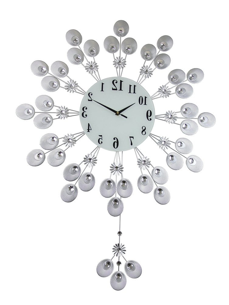 27" Silver And White Metal Silent Pendulum Starburst Wall Clock HomeRoots