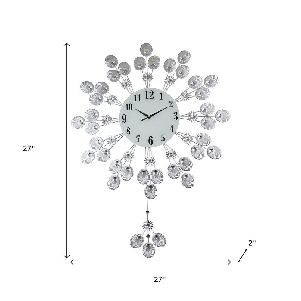 27" Silver And White Silent Pendulum Starburst Wall Clock
