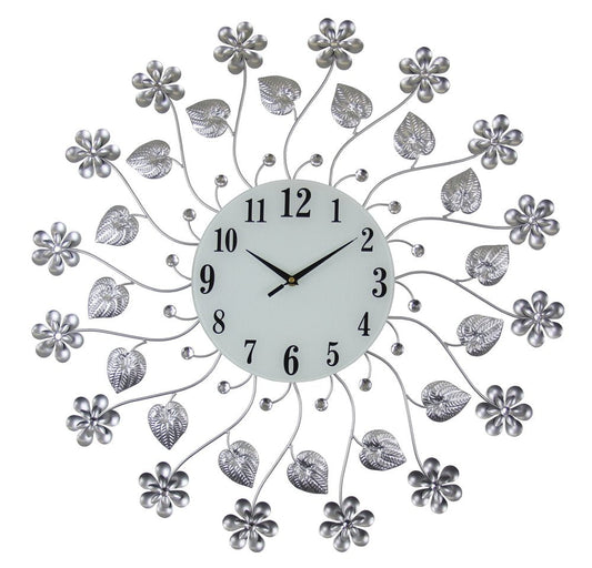 27" Silver White And Black Metal and Glass Silent Analog Floral Round Wall Clock HomeRoots