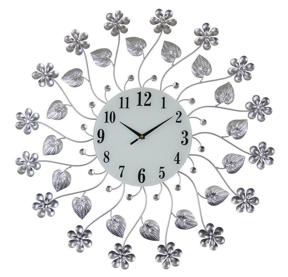27" Silver White And Black Metal and Glass Silent Analog Floral Round Wall Clock HomeRoots