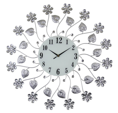 27" Silver White And Black Metal and Glass Silent Analog Floral Round Wall Clock HomeRoots