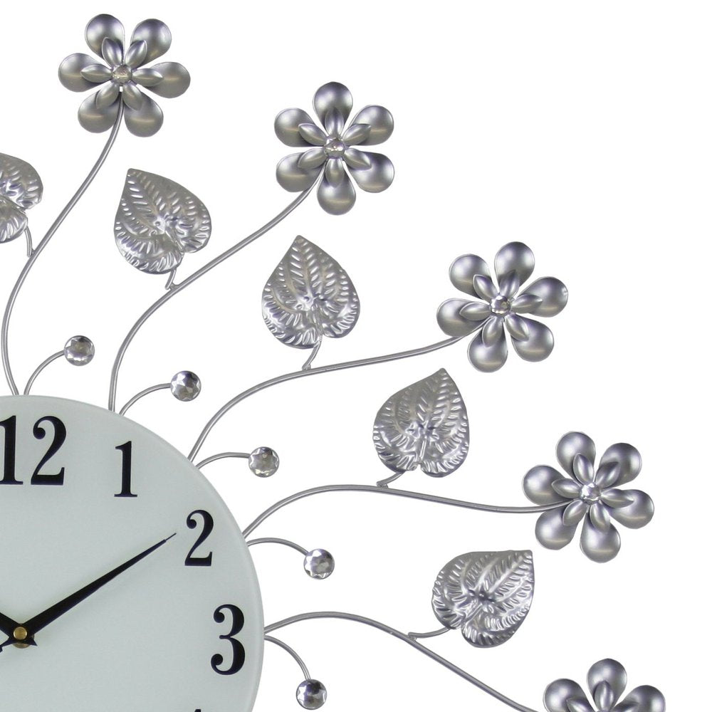 27" Silver White And Black Metal and Glass Silent Analog Floral Round Wall Clock HomeRoots