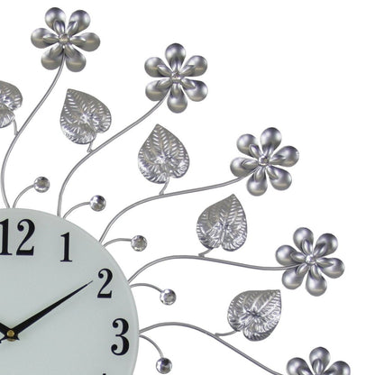 27" Silver White And Black Metal and Glass Silent Analog Floral Round Wall Clock HomeRoots