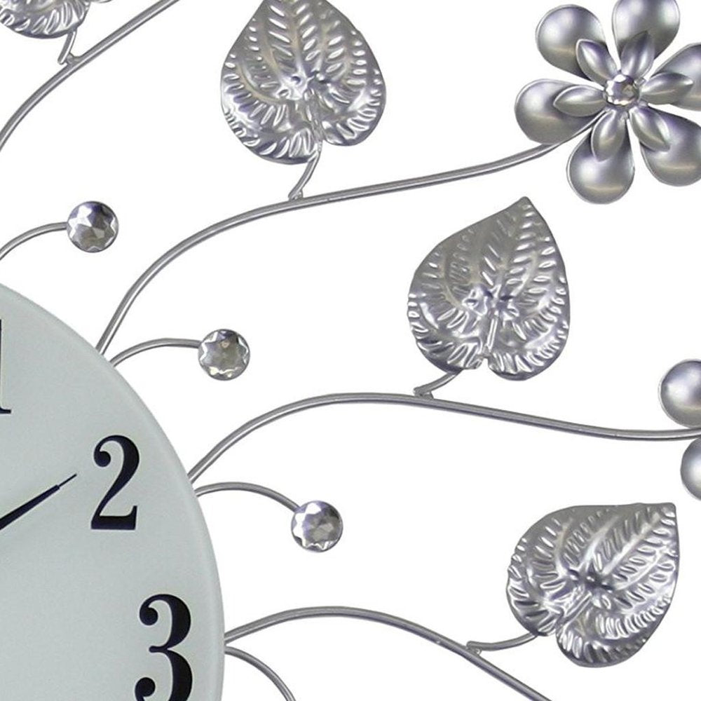 27" Silver White And Black Metal and Glass Silent Analog Floral Round Wall Clock HomeRoots