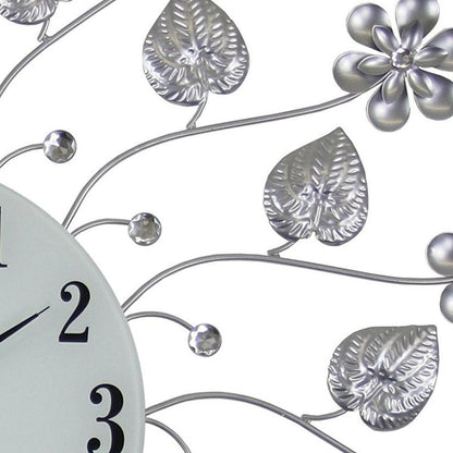 27" Silver White And Black Metal and Glass Silent Analog Floral Round Wall Clock HomeRoots