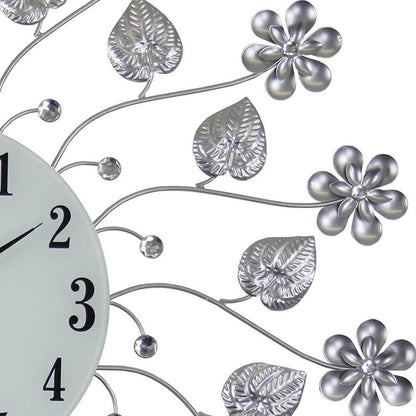 27" Silver White And Black Metal and Glass Silent Analog Floral Round Wall Clock HomeRoots