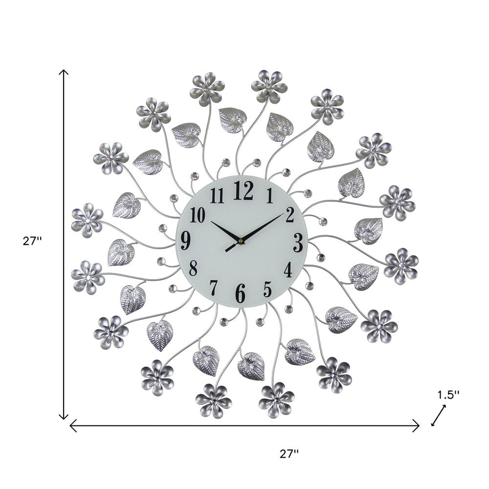27" Silver White And Black Metal and Glass Silent Analog Floral Round Wall Clock HomeRoots