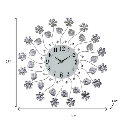 27" Silver White And Black Metal and Glass Silent Analog Floral Round Wall Clock HomeRoots