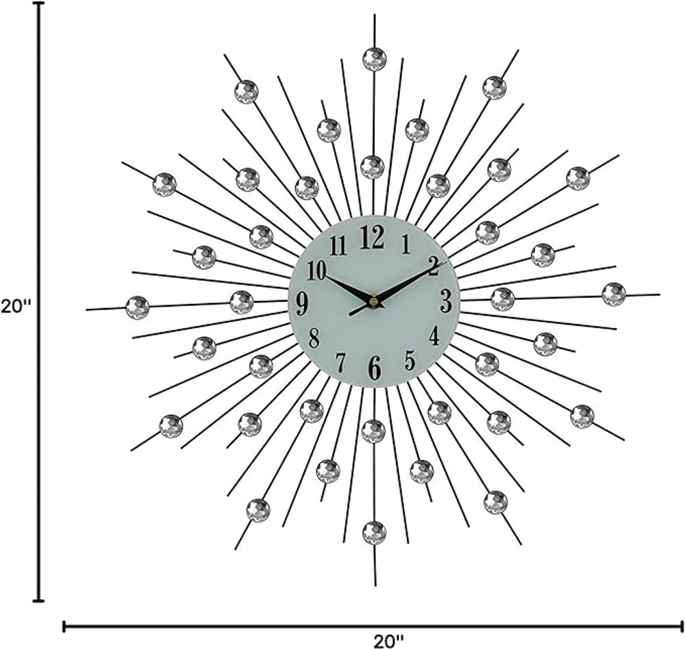 20" Black White And Clear Metal and Glass Silent Analog Sunburst Wall Clock HomeRoots