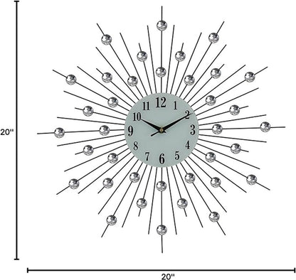 20" Black White And Clear Metal and Glass Silent Analog Sunburst Wall Clock HomeRoots