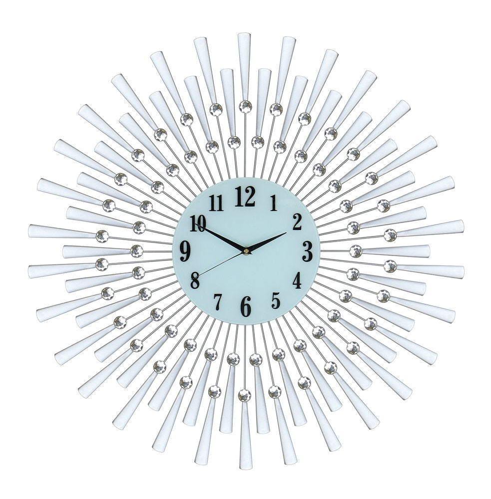 28" Silver And White Metal Silent Analog Sunburst Wall Clock HomeRoots