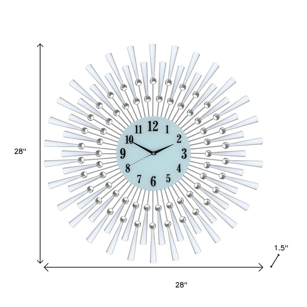 28" Silver And White Metal Silent Analog Sunburst Wall Clock HomeRoots