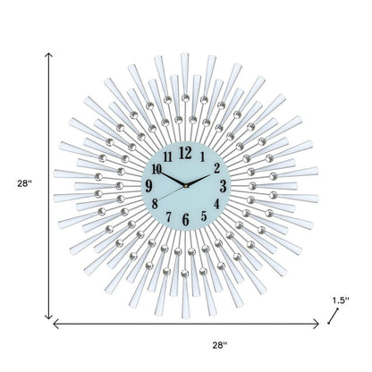 28" Silver And White Metal Silent Analog Sunburst Wall Clock HomeRoots