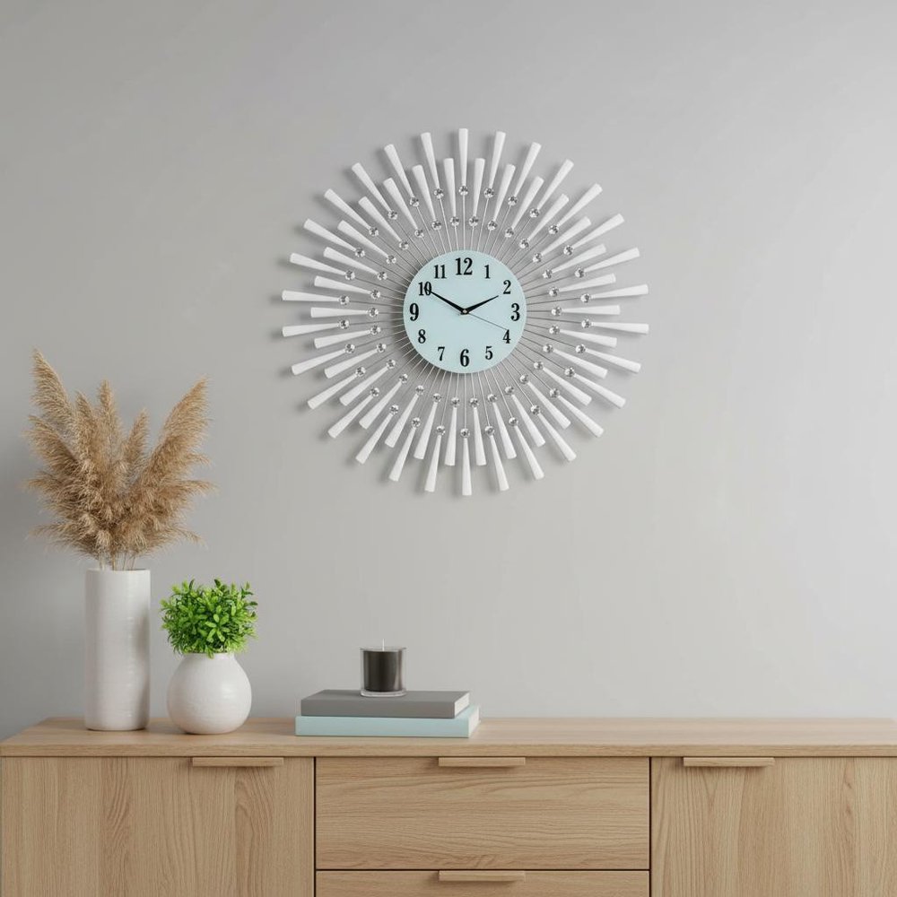 28" Silver And White Metal Silent Analog Sunburst Wall Clock HomeRoots