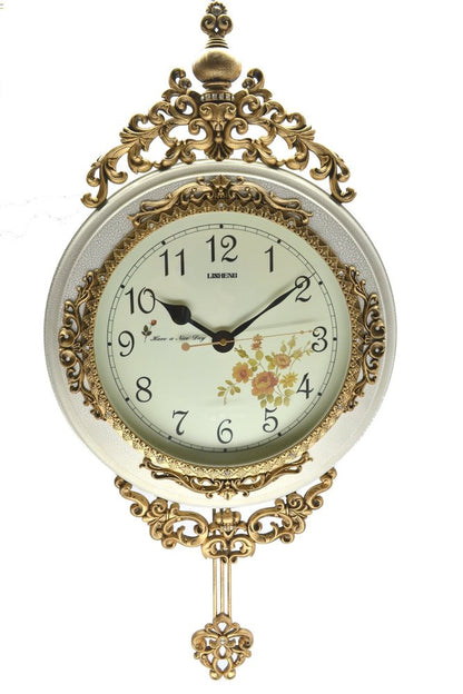 16" Antiqued White And Bronze Resin Silent Pendulum Ornate Oval Wall Clock HomeRoots
