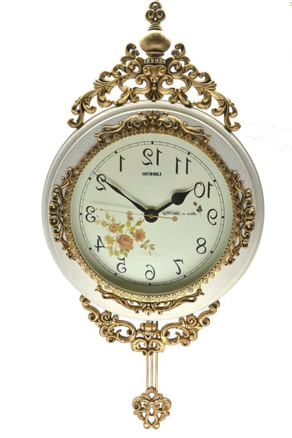 16" Antiqued White And Bronze Resin Silent Pendulum Ornate Oval Wall Clock HomeRoots