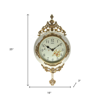 16" Antiqued White And Bronze Resin Silent Pendulum Ornate Oval Wall Clock HomeRoots