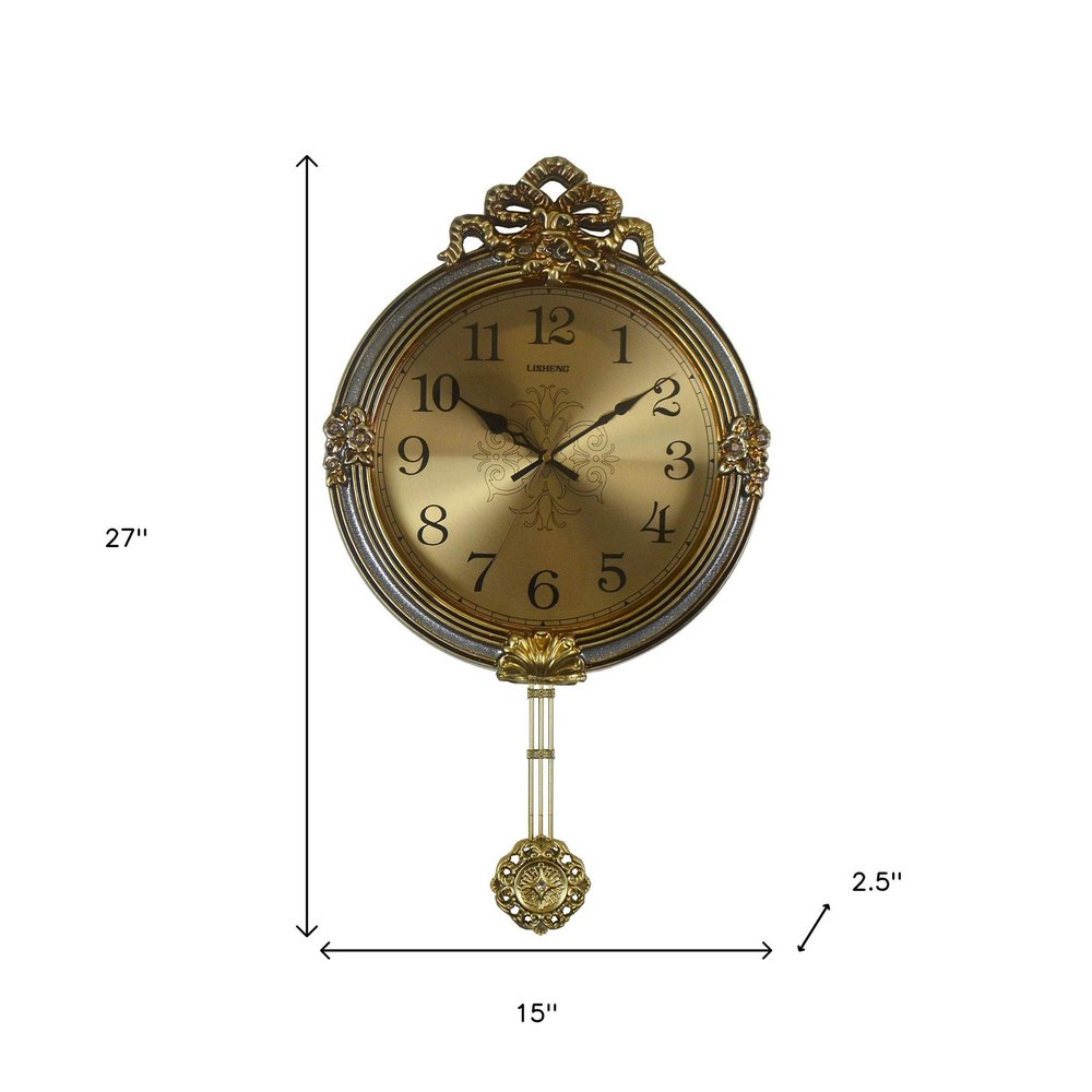 15" Gold And Silver Resin Silent Pendulum Ornate Round Wall Clock HomeRoots