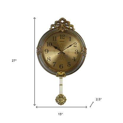 15" Gold And Silver Resin Silent Pendulum Ornate Round Wall Clock HomeRoots