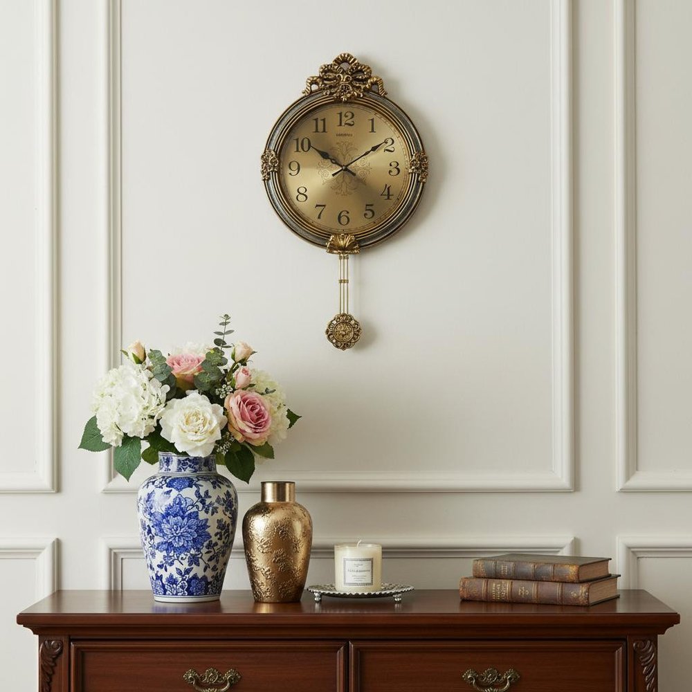 15" Gold And Silver Resin Silent Pendulum Ornate Round Wall Clock HomeRoots