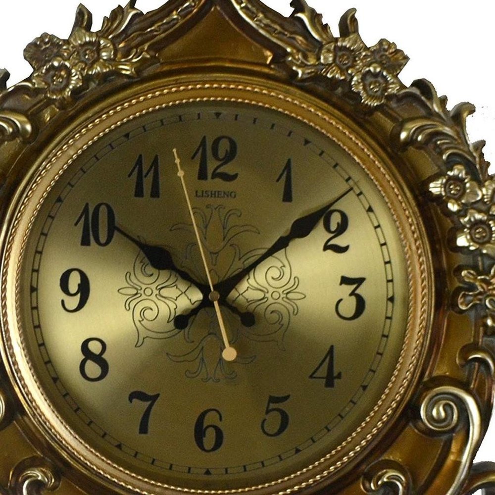 17" Gold And Black Resin Silent Pendulum Ornate Round Wall Clock HomeRoots