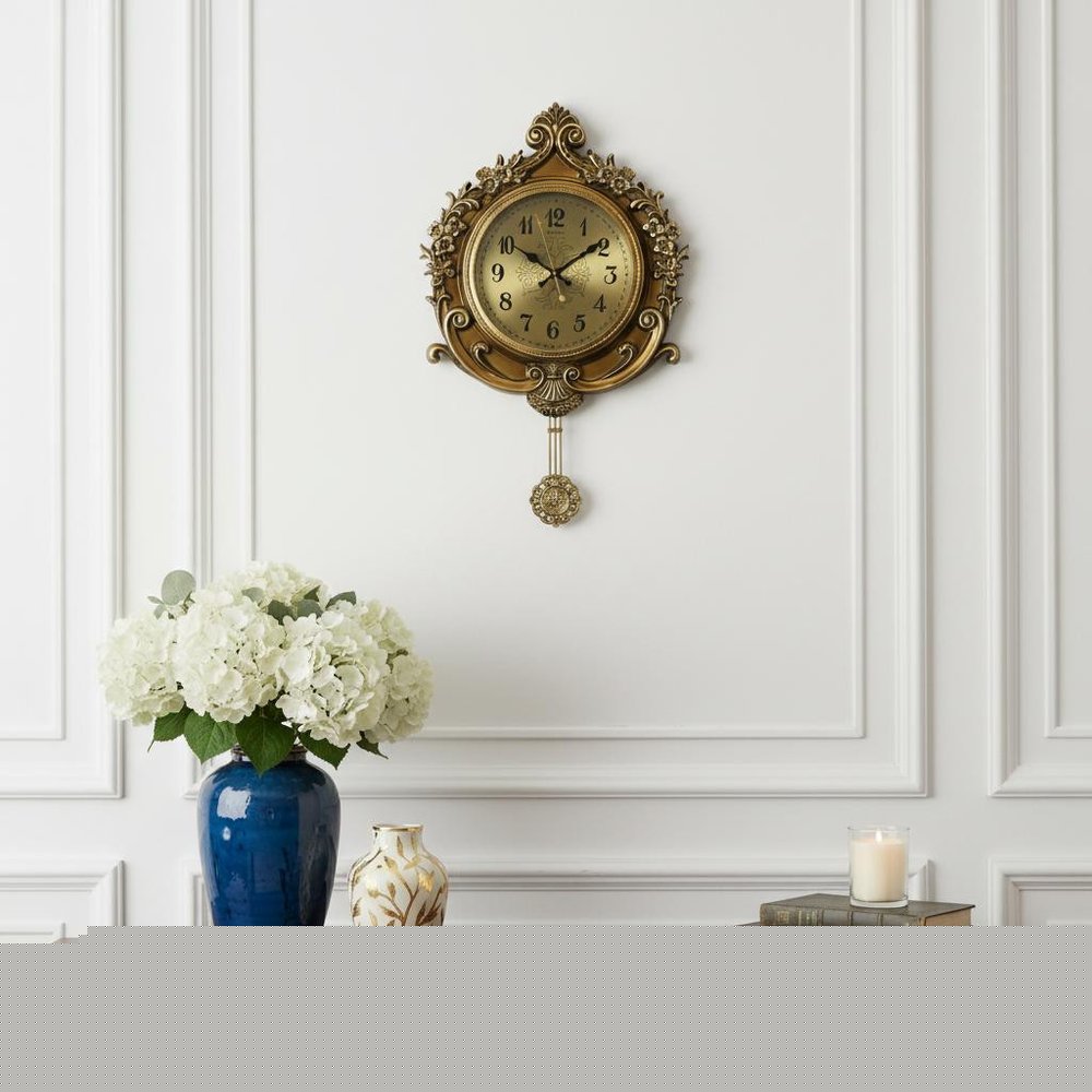 17" Gold And Black Resin Silent Pendulum Ornate Round Wall Clock HomeRoots