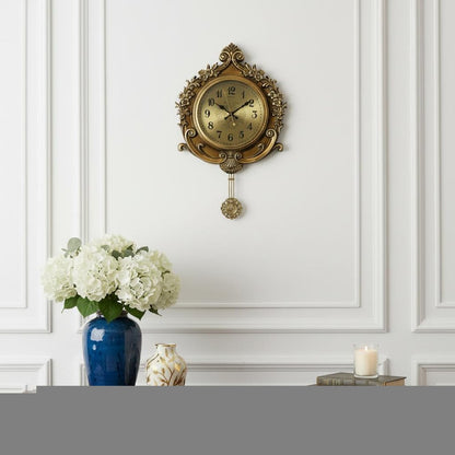 17" Gold And Black Resin Silent Pendulum Ornate Round Wall Clock HomeRoots