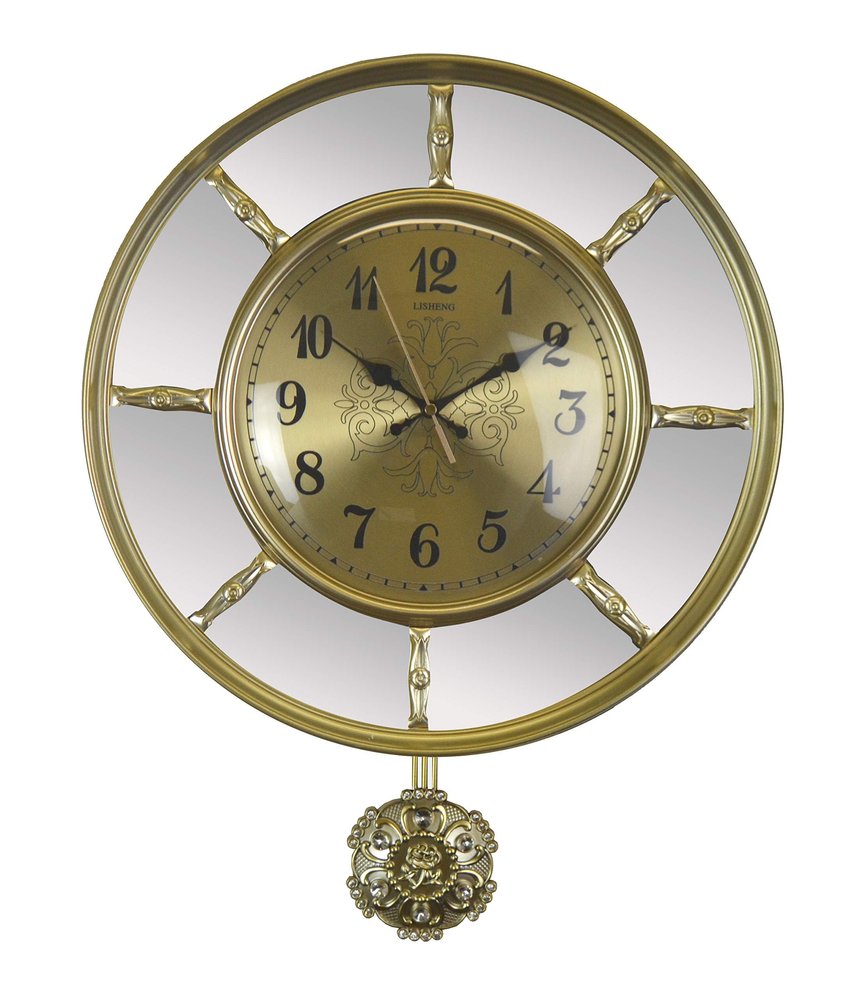 16" Gold And Silver Mirrored Glass And Resin Silent Pendulum Ornate Round Wall Clock HomeRoots