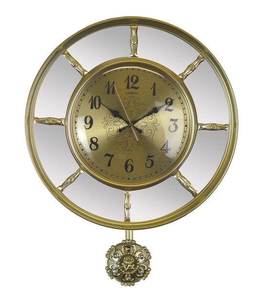 16" Gold And Silver Mirrored Glass And Resin Silent Pendulum Ornate Round Wall Clock HomeRoots