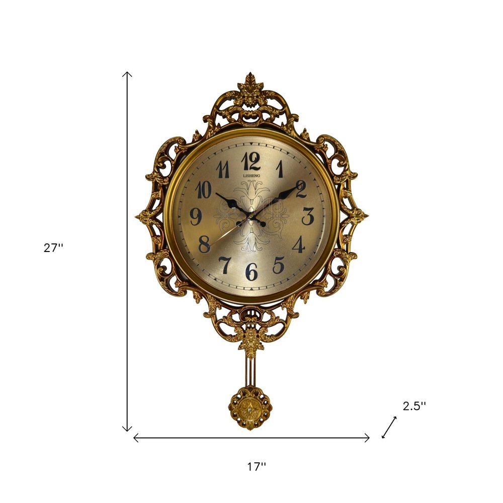 17" Gold And Black Resin Silent Pendulum Ornate Round Wall Clock HomeRoots