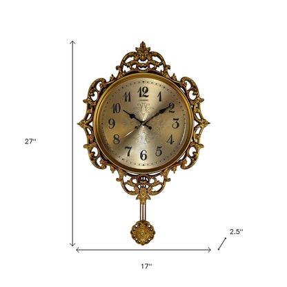 17" Gold And Black Resin Silent Pendulum Ornate Round Wall Clock HomeRoots