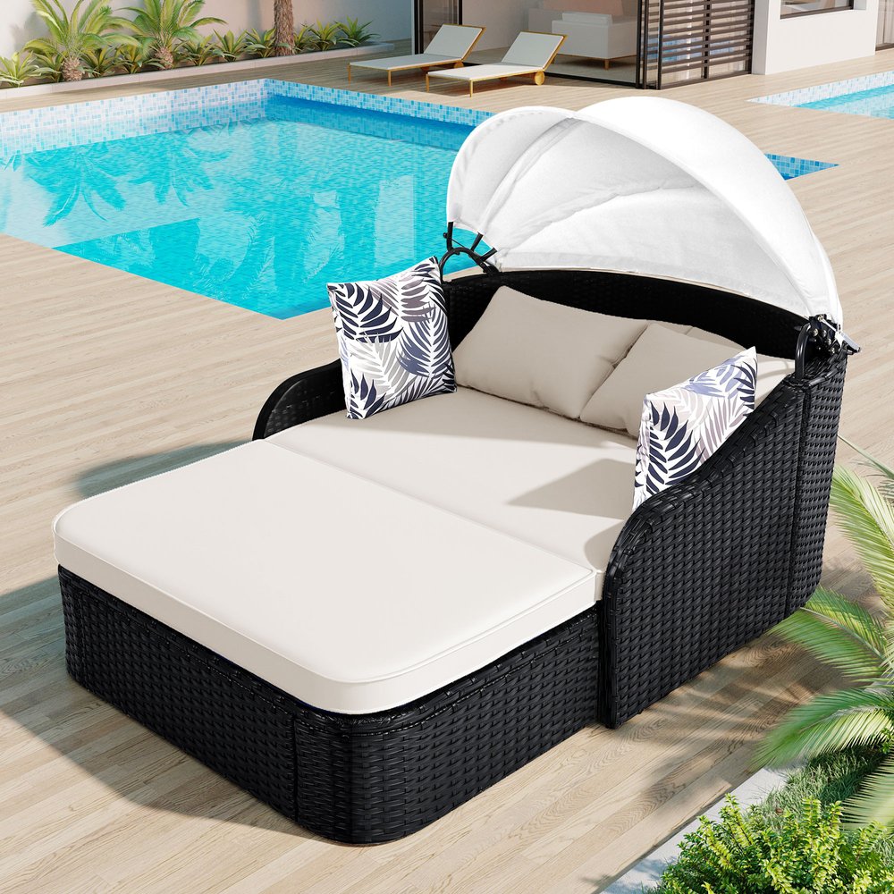 48" Black Rattan and Cushions Patio Daybed with Toss Pillows HomeRoots