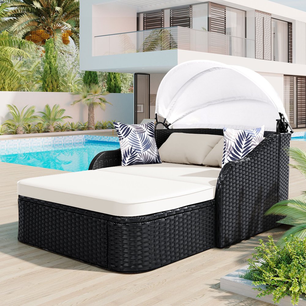 48" Black Rattan and Cushions Patio Daybed with Toss Pillows HomeRoots