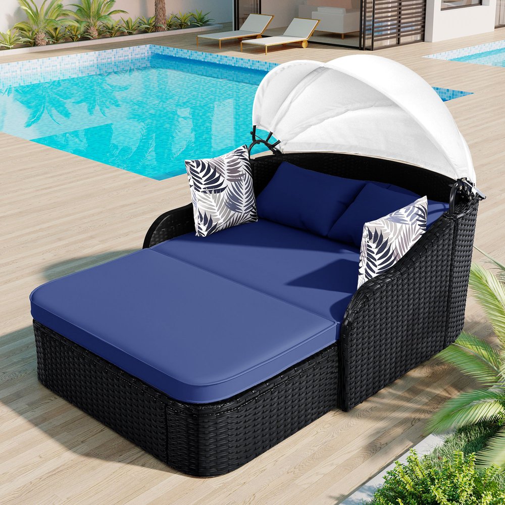 48" Blue Rattan and Cushions Patio Daybed with Toss Pillows HomeRoots