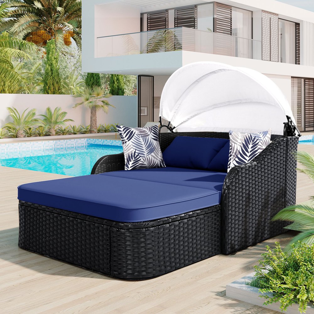 48" Blue Rattan and Cushions Patio Daybed with Toss Pillows HomeRoots