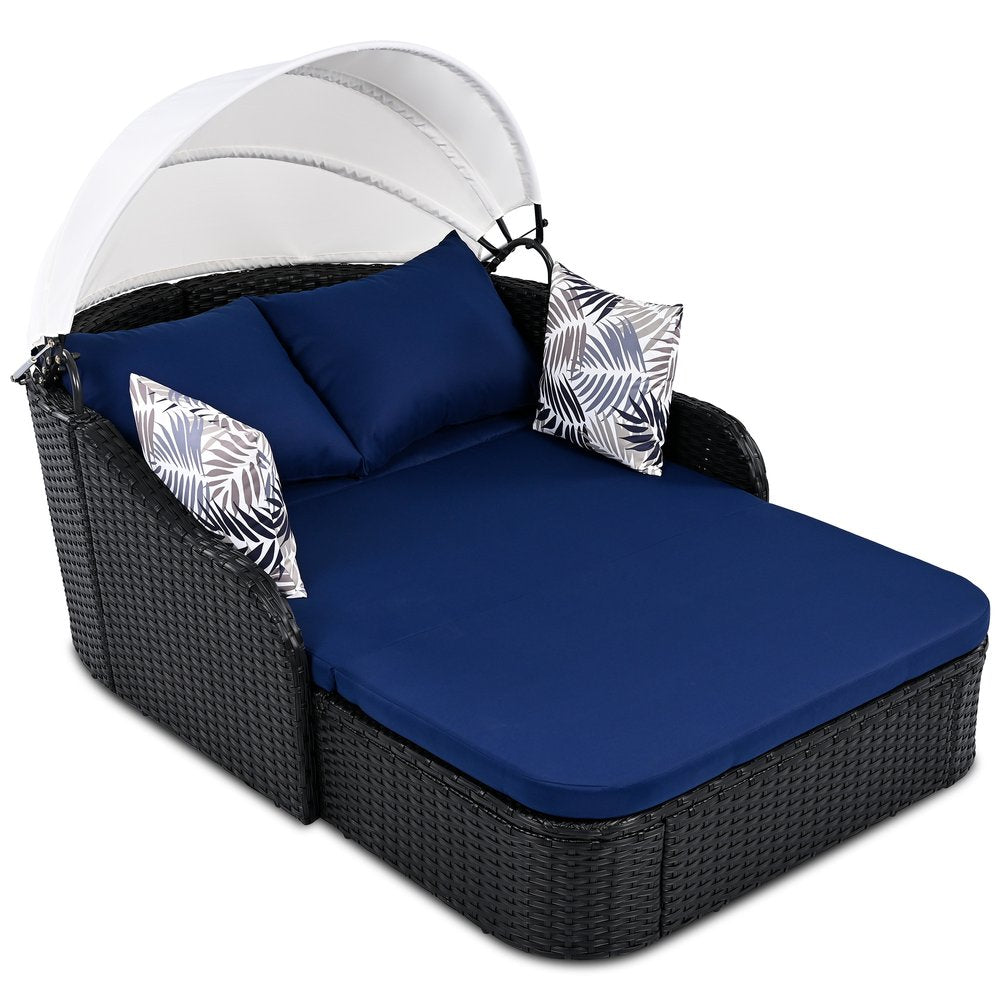 48" Blue Rattan and Cushions Patio Daybed with Toss Pillows HomeRoots