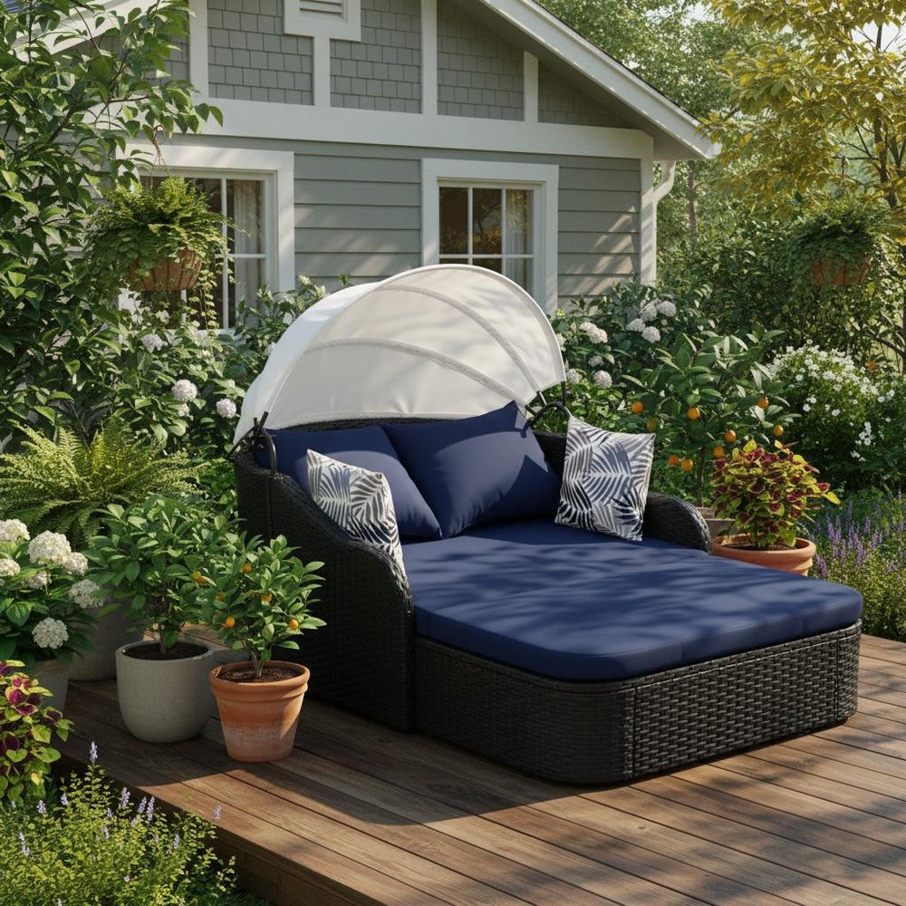 48" Blue Rattan and Cushions Patio Daybed with Toss Pillows HomeRoots