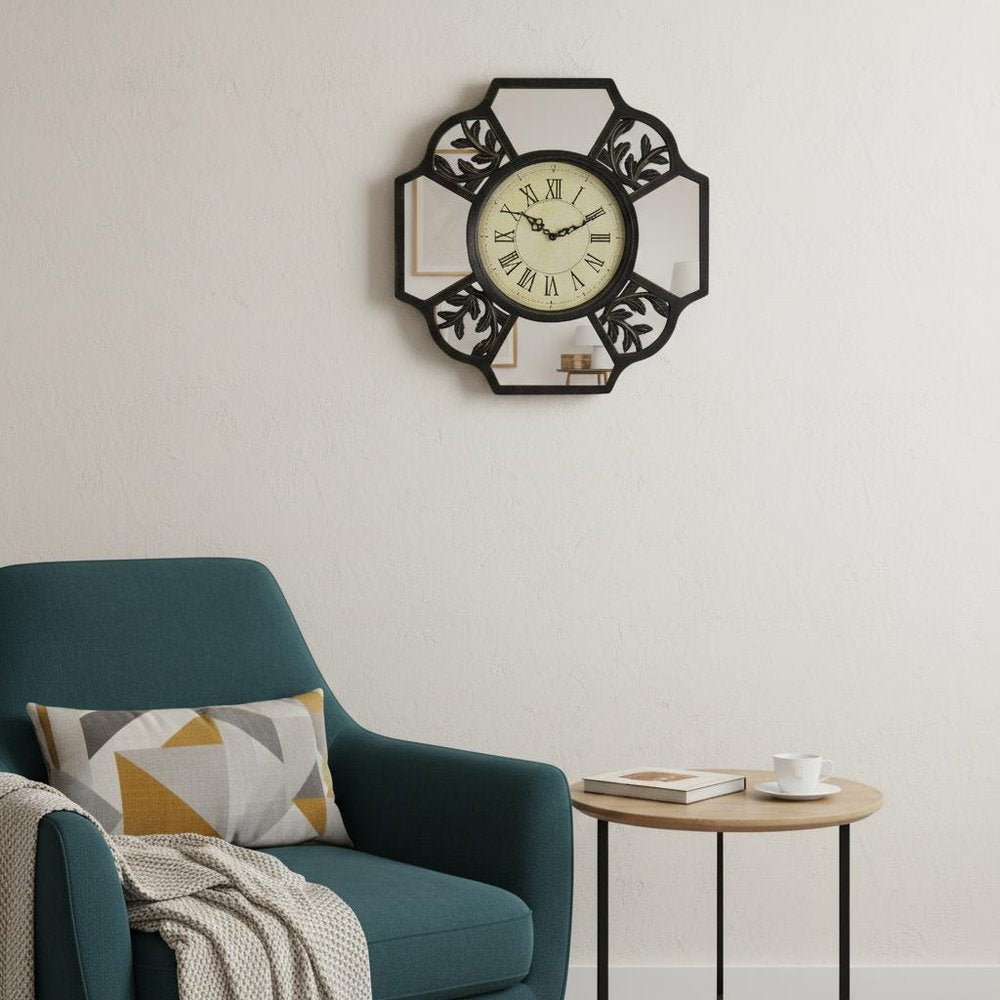 16" Black And Silver Heavy Duty Plastic Silent Analog Ornate Hexagon Wall Clock HomeRoots