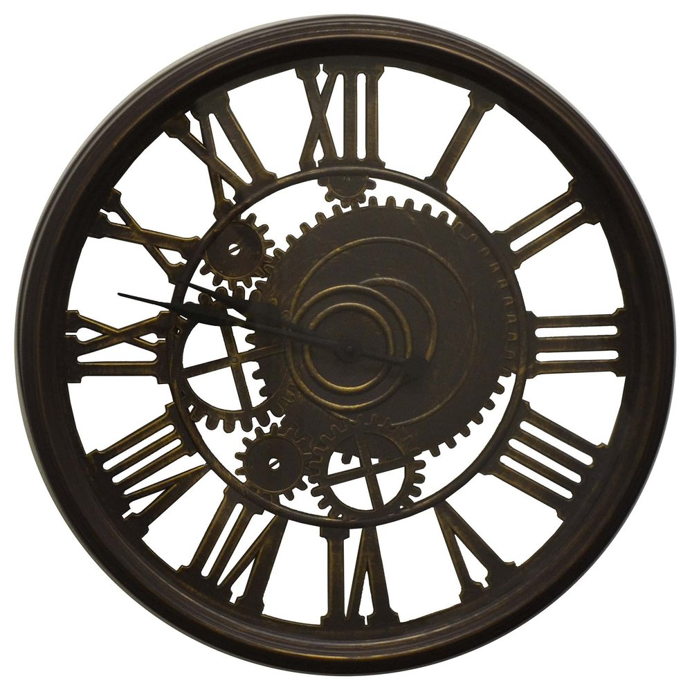 20" Antiqued Gold And Brown Heavy Duty Plastic Silent Skeleton Distressed Exposed Gear Round Wall Clock HomeRoots