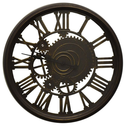 20" Antiqued Gold And Brown Heavy Duty Plastic Silent Skeleton Distressed Exposed Gear Round Wall Clock HomeRoots