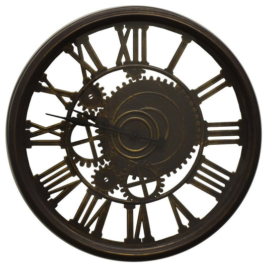 20" Antiqued Gold And Brown Heavy Duty Plastic Silent Skeleton Distressed Exposed Gear Round Wall Clock HomeRoots