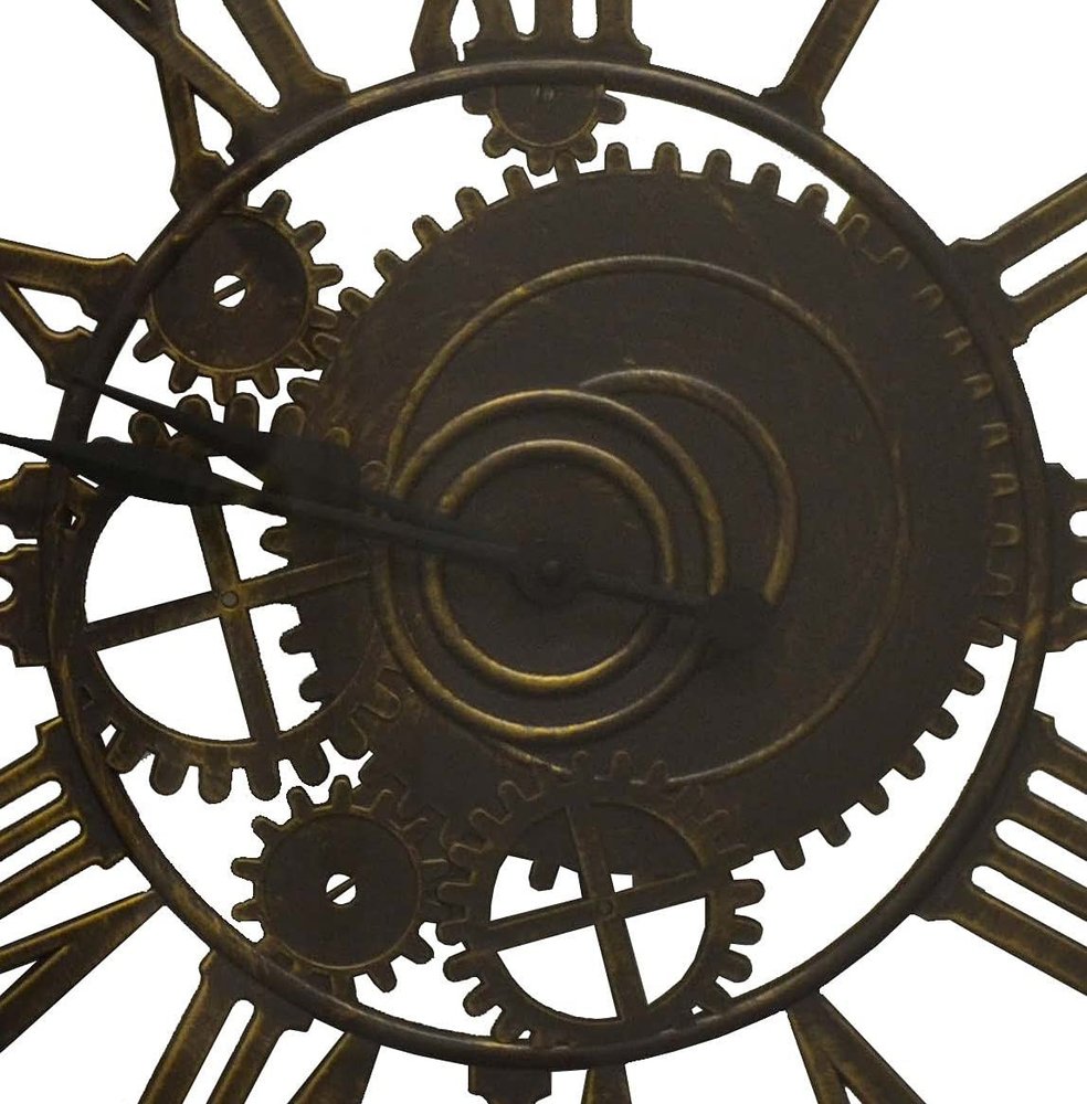 20" Antiqued Gold And Brown Heavy Duty Plastic Silent Skeleton Distressed Exposed Gear Round Wall Clock — view 2