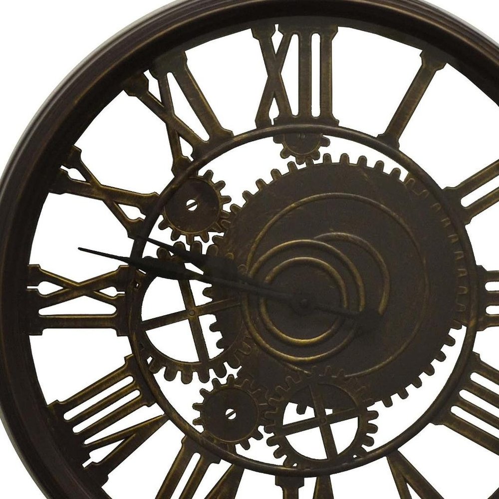 20" Antiqued Gold And Brown Heavy Duty Plastic Silent Skeleton Distressed Exposed Gear Round Wall Clock — view 3